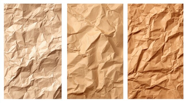 Three vertical panels of crumpled kraft paper in varying shades of beige and brown.  Textured surface with deep folds and creases.  Natural light illuminates the paper