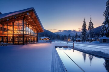 Fototapeta premium Winter evening at a mountain lodge with a serene reflection by the pool