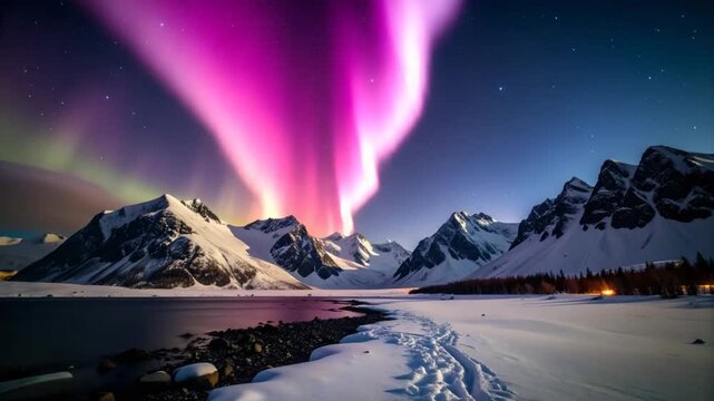 Aurora borealis over snowy mountains