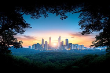 Stunning Sunrise Over Urban Skyline Framed by Lush Green Trees in Peaceful Nature Setting
