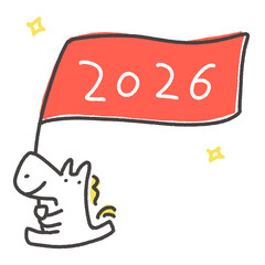 2026のフラッグを持って走る笑顔の白馬　2026 正月素材