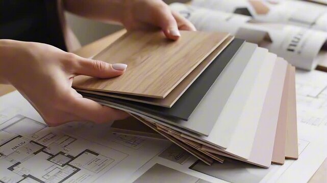 Choosing the perfect material samples for interior design projects, home renovation, and building construction, showcasing textures and colors for flooring and finishes