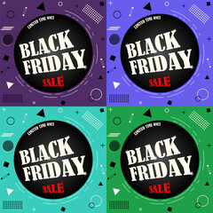 A vibrant collection of four modern Black Friday sale banners in different color variations. Each design features a bold circular layout with geometric elements, clean typography, and a dynamic modern