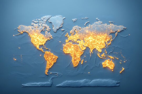 Detailed Abstract World Map with Illuminated Network Patterns and Soft Blue Background