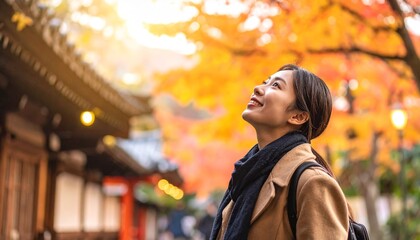 秋の紅葉を見る女性のイメージ 背景素材 AI生成素材
