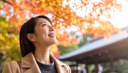 秋の紅葉を見る女性のイメージ 背景素材 AI生成素材