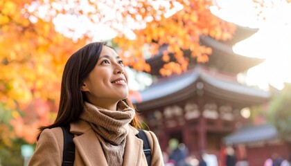 秋の紅葉を見る女性のイメージ 背景素材 AI生成素材