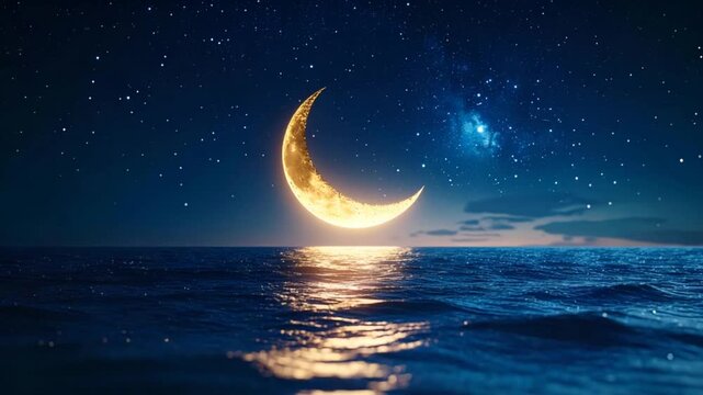 Golden crescent moon over ocean