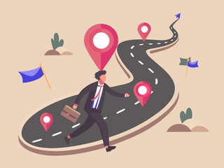 Businessman running on a winding road with map pins representing destinations and goals