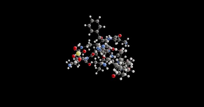 Polymyxin B molecule, rotating 3D model of antibiotic, looped video on a black background
