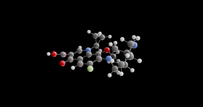 Moxifloxacin molecule, rotating 3D model of antibiotic, looped video on a black background
