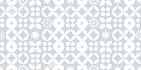 Abstract geometric pattern with white shapes on a light blue background with a distressed texture