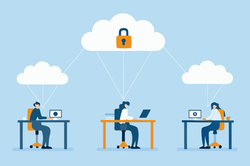 Secure cloud computing concept with people working on laptops connected to a central locked cloud