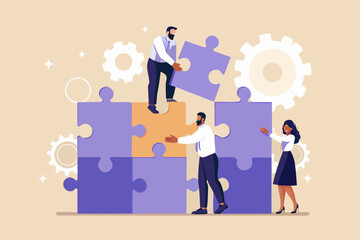 Diverse team of professionals collaborating to assemble a large puzzle symbolizing teamwork and problem solving