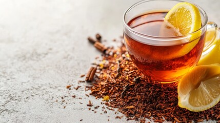 Glass cup of aromatic rooibos tea with lemon, surrounded by tea leaves and cinnamon sticks