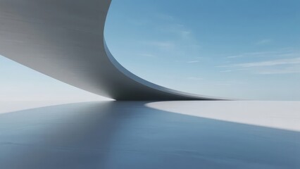 Abstract architectural structure with curved form against a clear sky and reflective surface