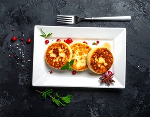 Three cheese pancakes on a white plate, garnished with berries and mint, served on a dark stone background
