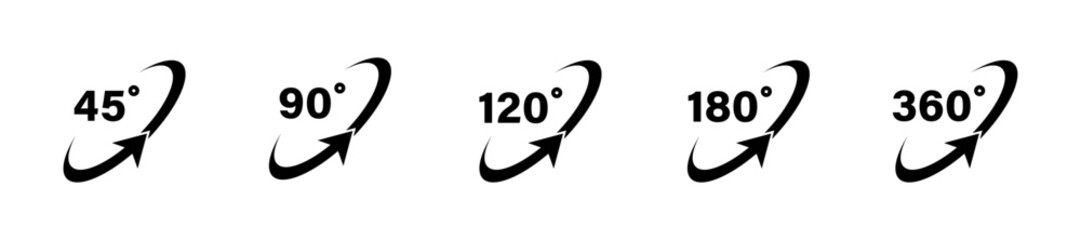 45 90 120 180 360 degree icon set in flat style. Different degree view rotation set. 360 degree view. Minimal interface icon, symbol. Different degrees icon set. 45-360 degrees. Vector graphic. EPS 10