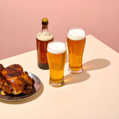 Roasted chicken and beer with glasses on a table.