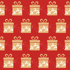 Christmas vector seamless pattern with deer and gifts. Festive illustration for gift wrapping paper, fabric, clothing, textiles, surface textures, and scrapbooks.