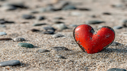 Obraz premium Red Heart Stone on Beach Sand - Love, Romance & Valentine's Day Concept