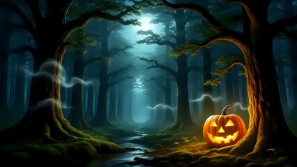 Jack-o-lantern Glowing in the Dark Forest, Fog and Moonlight Atmosphere