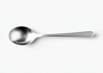 High-angle, top-down view of a plain, stainless steel soup spoon, lying flat on a white background.  The spoon's bowl is rounded and the handle is long and slender
