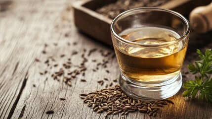 Fototapeta premium Glass of amber-colored akvavit with caraway seeds on top, set on rustic wooden surface with scattered seeds, embodying Nordic drinking culture