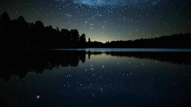Night lake stars sunrise reflection