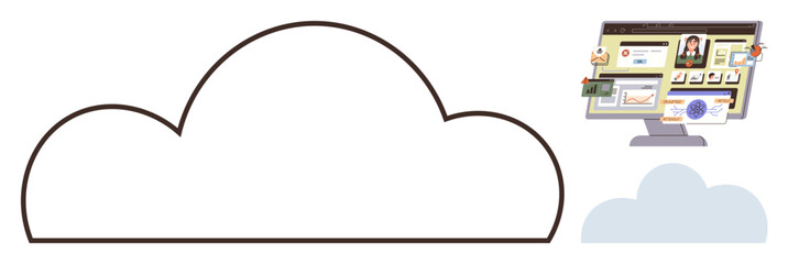 Cloud outline with a desktop monitor displaying digital tools and interfaces. Ideal for cloud technology, hosting, data storage, remote work, online collaboration, IT services, internet innovation. A