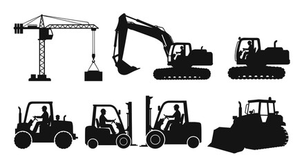 Heavy construction equipment and machinery silhouettes

