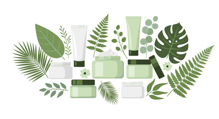 Natural organic cosmetics for skincare with green plant leaves

