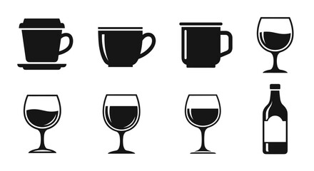 Set of coffee cups and carafe and wine glasses