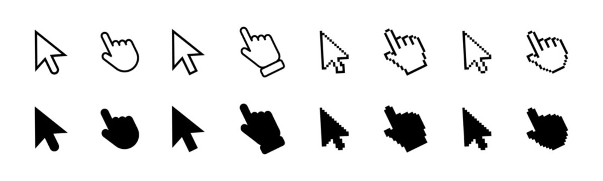 Computer mouse click cursor.  Mouse click cursor collection. Set of Hand Cursor icons click and. Black cursor set. Hand pointer icons. Vector graphic EPS 10