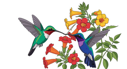 Two colorful hummingbirds flying around tropical flowers
