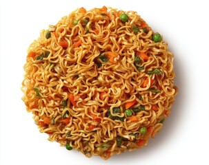 Top-down view of a circular mound of cooked instant noodles