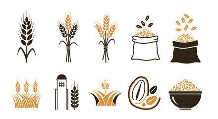 Set of agriculture icons with wheat, grain bags, silos, seeds, plants and cereal bowl
