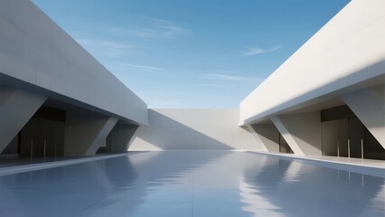 Modern architectural structure with reflective water pool and angular white buildings under clear sky