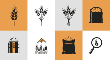 Set of agriculture icons with wheat, grain bags, silo, field and magnifying glass
