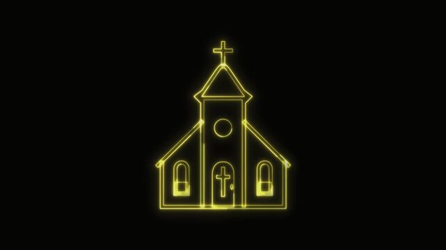  Church Icon Neon Seamless Loop 4K with Black Background Animated Promotional Typography for Video Editing