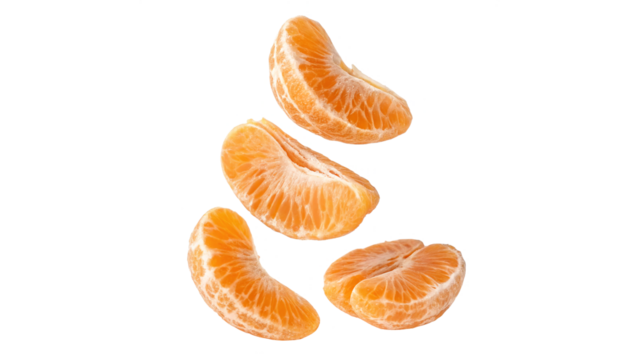 Four peeled, fresh tangerine or mandarin orange segments falling down