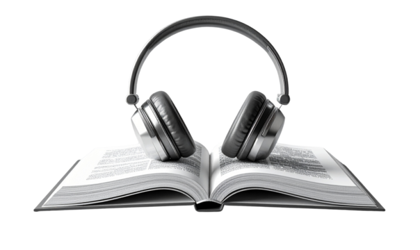 3D Open Book with Headphones, Front View, Transparent Background, PNG - Powered by Adobe