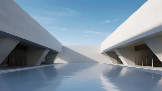 Modern architectural structure with reflective water pool and angular white buildings under clear sky