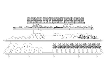 A black and white contour drawing of a grocery shelf stocked with fresh fruits and vegetables, including apples, oranges, carrots, and peppers.