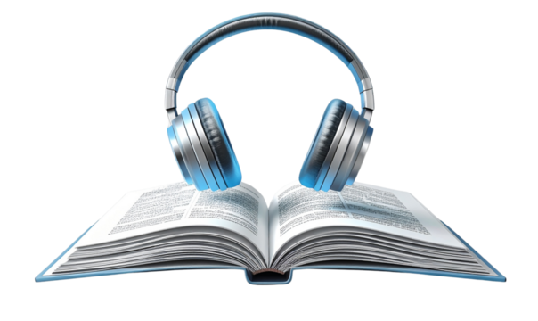 Angled Perspective of Open Book with Floating Headphones, Transparent Background, PNG