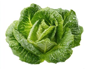 Fresh, vibrant head of romaine lettuce, covered in water droplets, isolated on white background