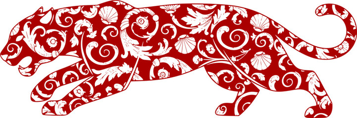 Maximalist Ornate Rococo Jaguar Animal Silhouette Vector Illustration	