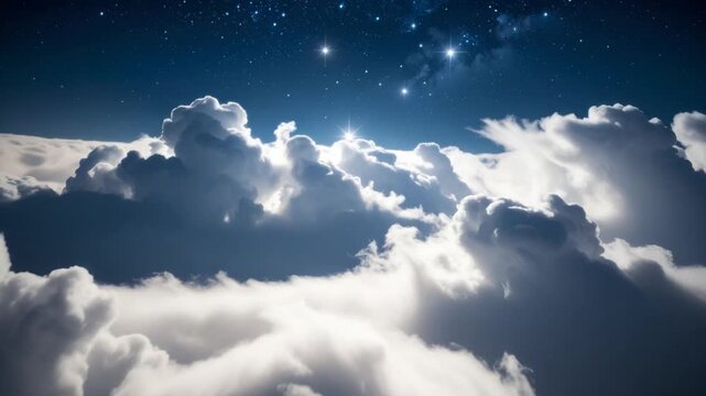 Night sky above fluffy clouds