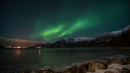 Obraz premium Northern lights aurora borealis over snowy mountain lake shore with rocky foreground and distant village lights reflecting on icy water, serene nocturnal landscape with green sky glow