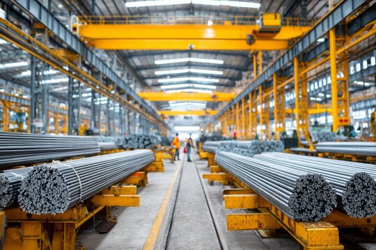 A vast industrial warehouse filled with stacks of metal rods and an overhead crane, showcasing the scale and organization of metal manufacturing and storage facilities.